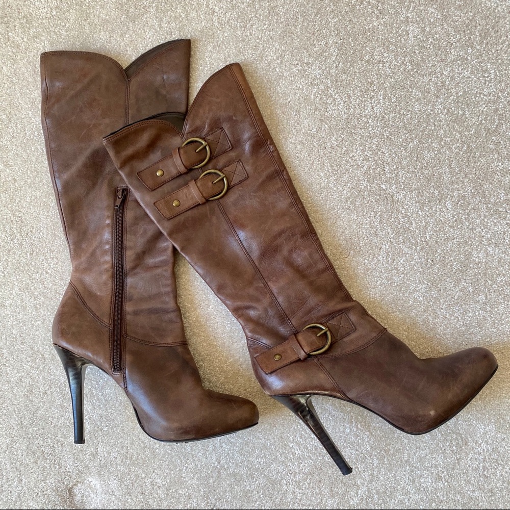 Brown Leather Stiletto Round Toe Boots